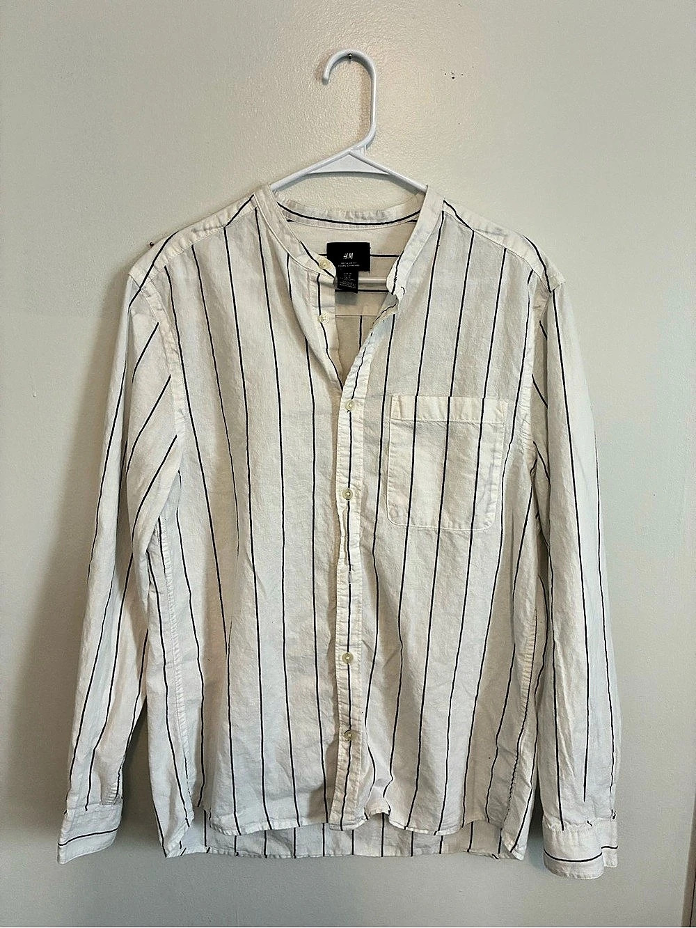 H&Medium Regular Fit Striped Linen-Blend Shirt White & Black Medium